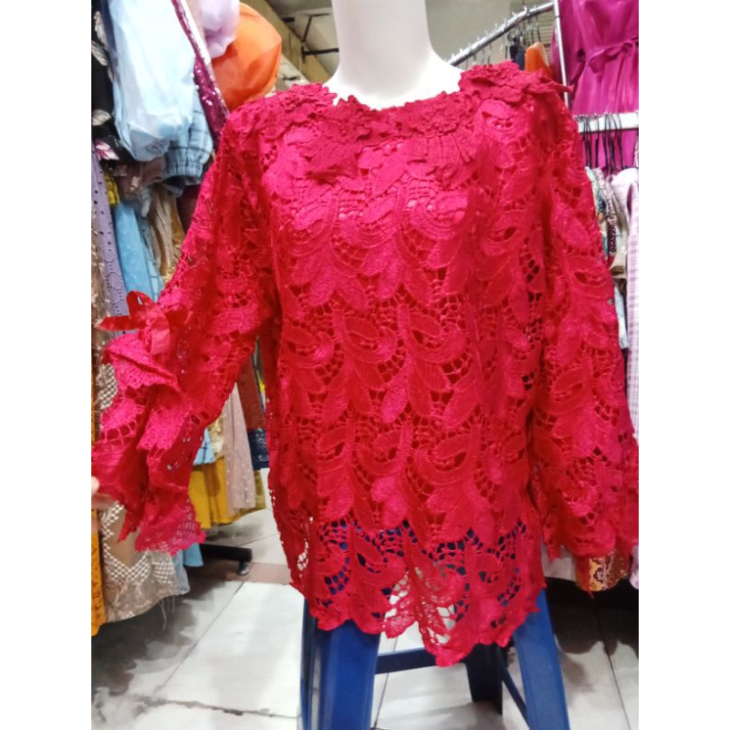 BLOUSE KEBAYA BROKAT TIMBUL BROKAT KILAP TANPA GLITTER LENGAN 3/4 7/8 LEHER ADA TEMPELAN BUNGA WARNA