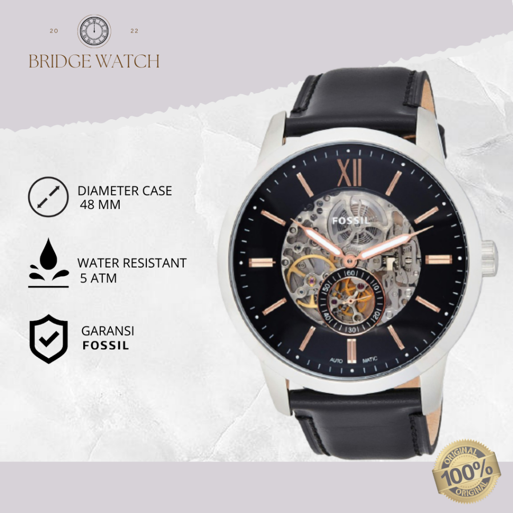 Jam Tangan Pria Fossil Automatic Townsman Analog Strap Kulit Hitam Cowo Black Leather Strap Water Re