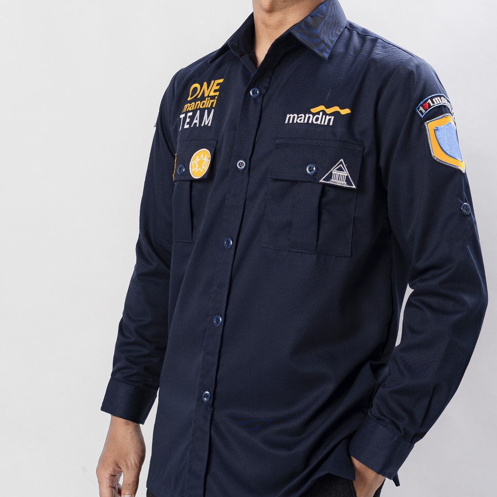 Promo Kemeja Seragam PDL Bank Mandiri Biru Navy Panjang | Baju One Mandiri Team Bordir | Bahan Drill