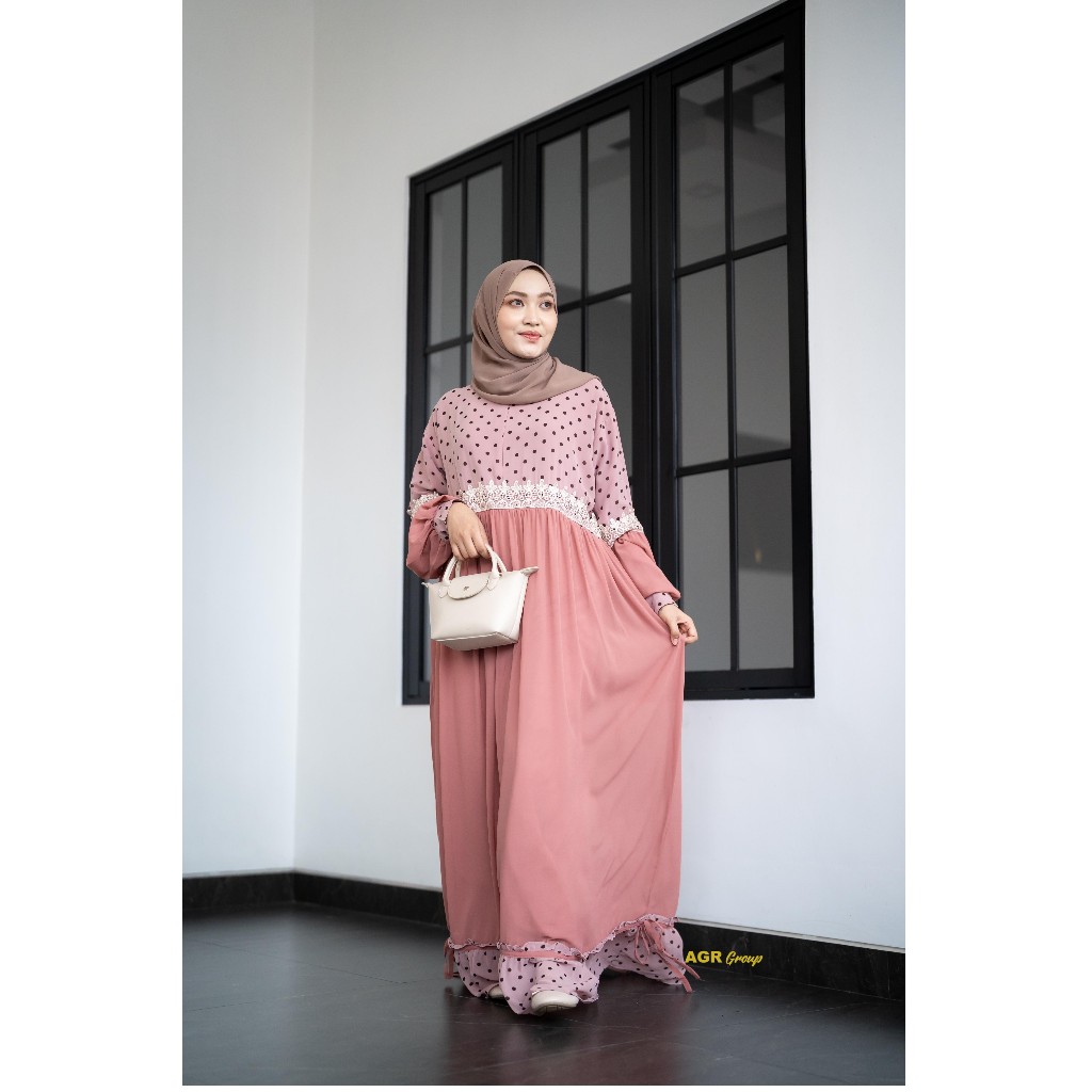 Gamis Syari Humaira Bahan Ceruty Full Furing Motif Polkadot Busui Size 3XL Baju Dress Pesta Mewah