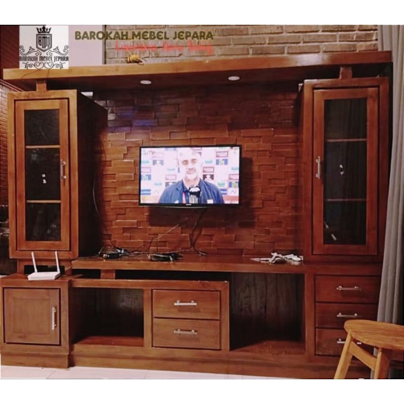 bufet tv partisi 250cm jati, partisi tv jati minimalis 2,5m