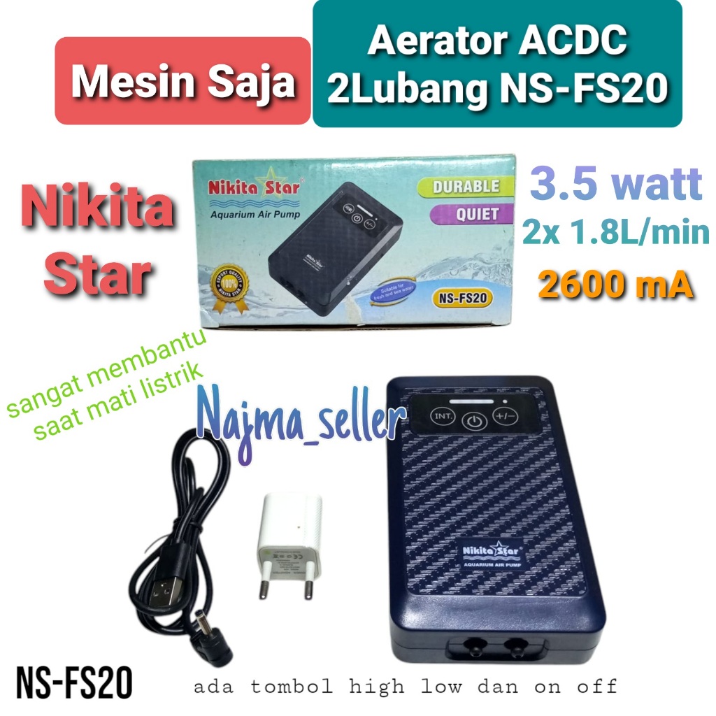 Paket Aerator ACDC 2 Lubang NS FS20. nikita star. berguna saat mati Listrik. Aerator charger aerator