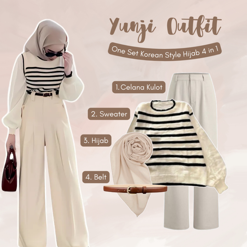 Outfit Hijab Satu Set Sweater - Celana - Jilbab Bella Square - Belt OOTD Wanita Kekinian - LB040