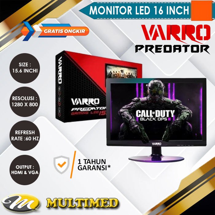 Layar Monitor LED Komputer PC 16" 15,6 Inch VARRO Predator VGA HDMI