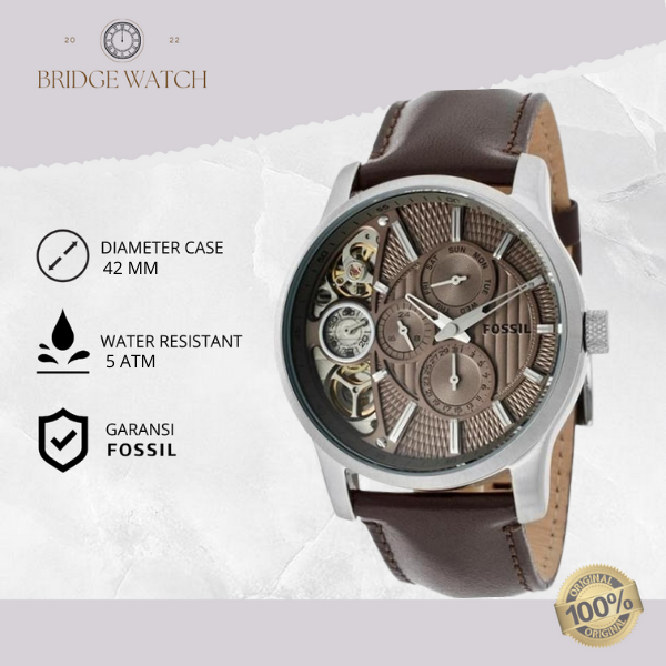 Jam Tangan Pria Fossil Automatic ME1098 Original Mechanical Twist TaupeChronograph Brown Leather Ana