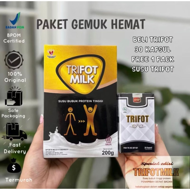 

PAKET PROMO TRIFOT Isi 30 kapsul BPOM FREE TRIFOT MILK Rasa vanila dan cokelat 200g