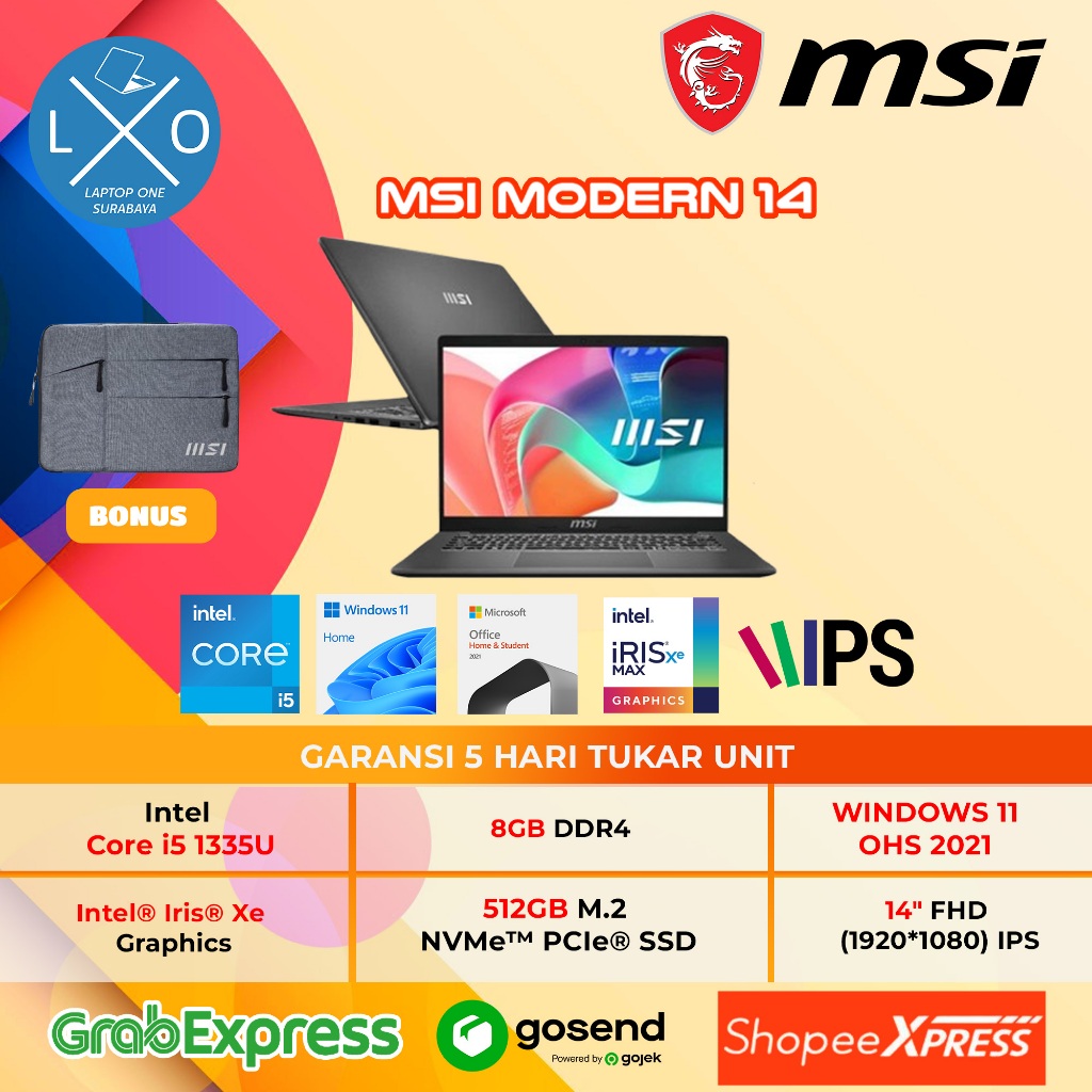 Laptop MSI Modern I5 1335U 8GB 512GB 14.0" Full HD IPS Backlit Windows 11 Home + OHS