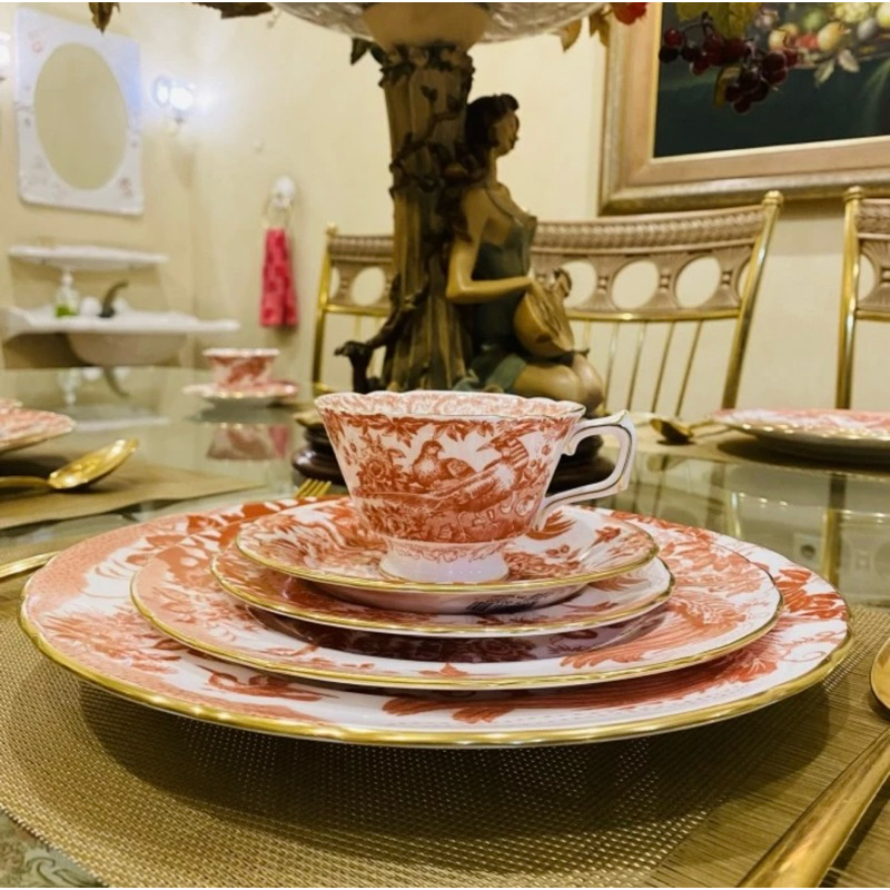 Dinner Set Royal Crown Derby England Aves Red 5 Pcs Mewah Cantik