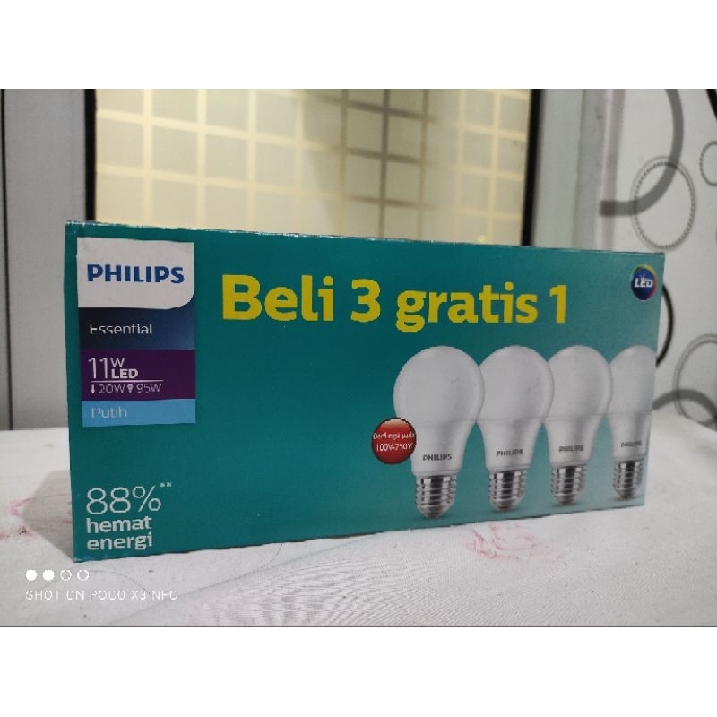 Lampu Led Philips Essential 11 watt paket isi 4 putih
