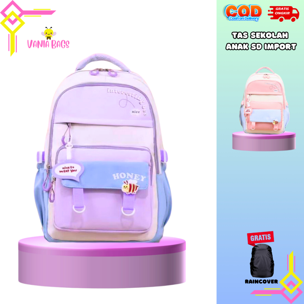 tas sekolah anak perempuan sd model polos warna rainbow waterproof