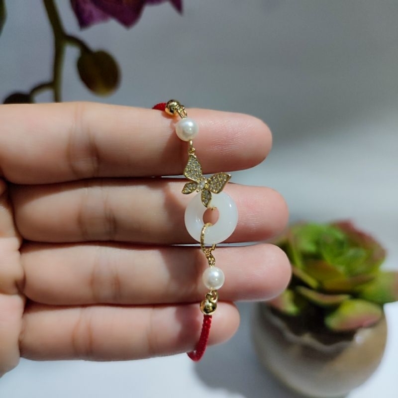 Gelang LBOS Tali Merah / Gelang Tembaga Tali Merah Giok Cantik / Gelang Tali Merah Kupu-Kupu