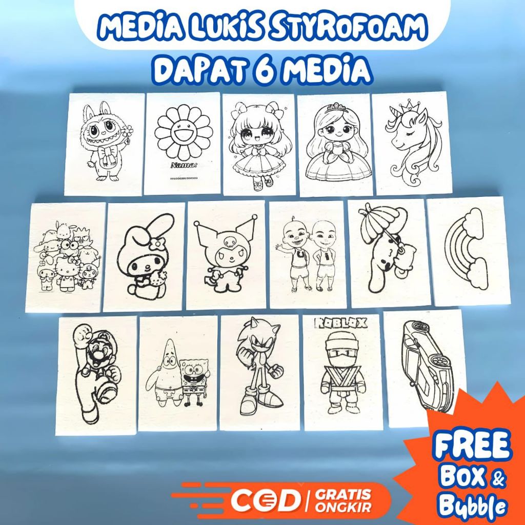 

[DAPAT 6 PCS] Media Styrofoam Lukis Mini (Media Saja) Mewarnai ukuran 20x15cm Media Cat Palet Kuas Hampers Kado Ulang Tahun Karakter Painting Kit Mainan Edukasi Anak Seterofom Gabus Ekonomis Melukis Sterofom Gambar Hemat - Be Nice
