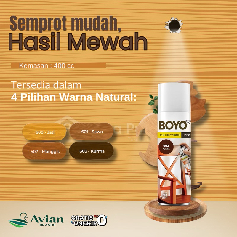 Boyo Politur Spray,cat Politur semprot 400cc,Cat politur| pernis semprot finishing kayu
