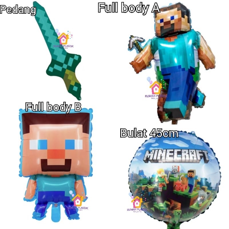 balon minecraft lego mine craft steve full body round bulat biru blue happy birthday hbd ultah ulang
