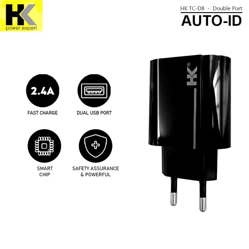 WALL CHARGER HK TC-D8 AUTO-ID FAST CHARGING 2 USB QC3.0 + Kabel micro / Type C