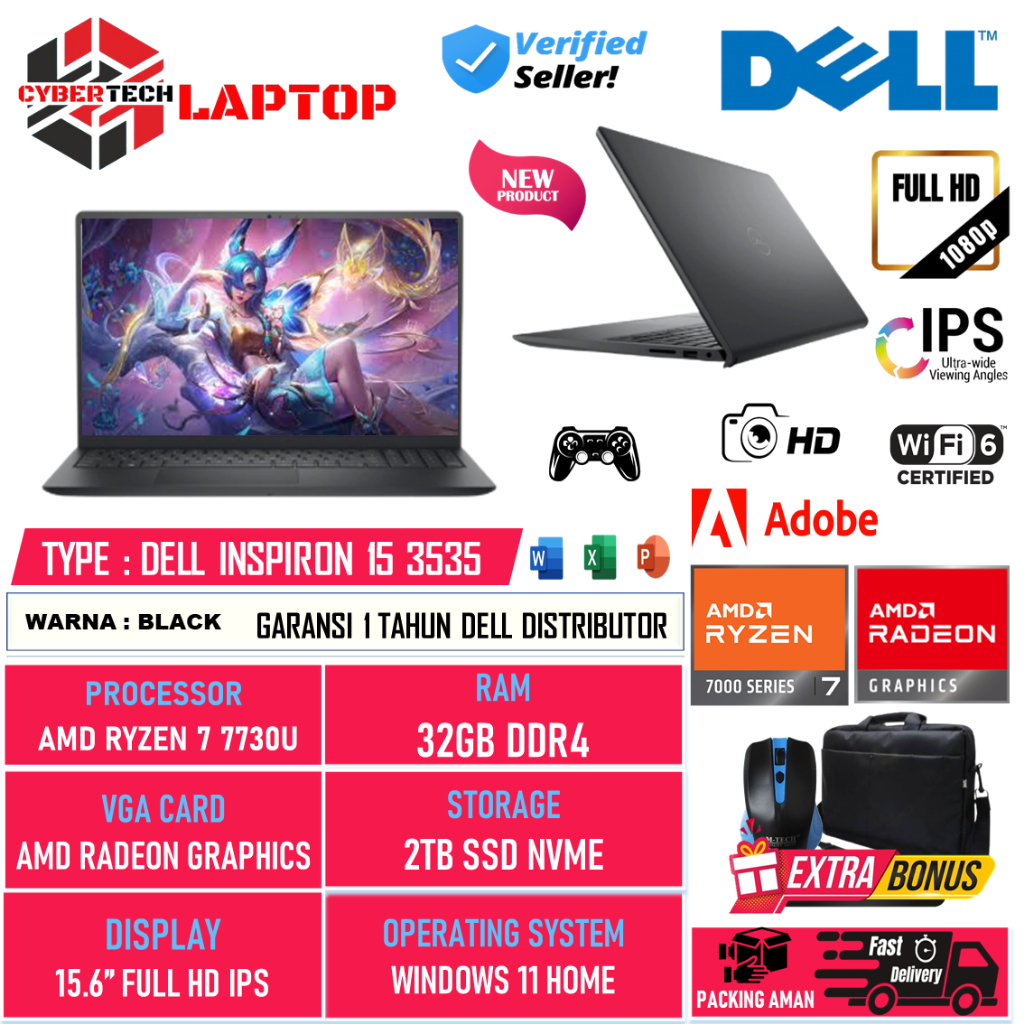 PROMO Laptop Dell Inspiron 15 3535 Amd Ryzen 7 7730U 32GB 2TB SSD 15.6 Full HD Windows 11 Home NEW