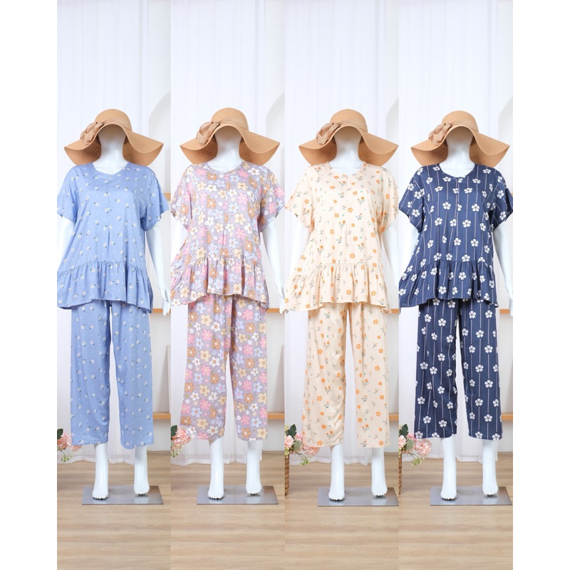 {BISA COD} LILY- Set Piyama Lengan Pendek|Set Piyama Celana Panjang|Baju Tidur Ruffle Rayon|Baju Tid