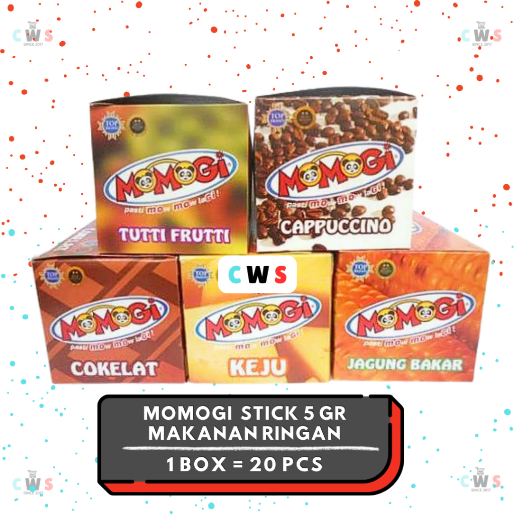 

MOMOGI STICK Jagung Bakar Cokelat Keju Tutti Frutti Snack Makanan Ringan 5gr - 1 Box / 20 Pcs