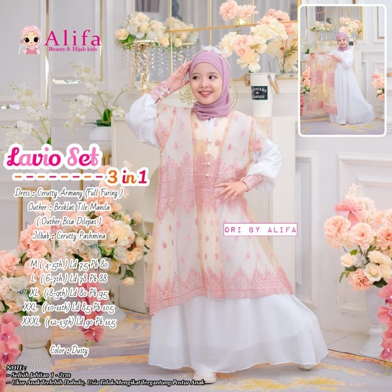 GAMIS BRUKAT DRESS ANAK FREE JILBAB LAVIO KIDS BY ALIFA 3 IN 1 OUTER + GAMIS + JILBAB LEBARAN 2025