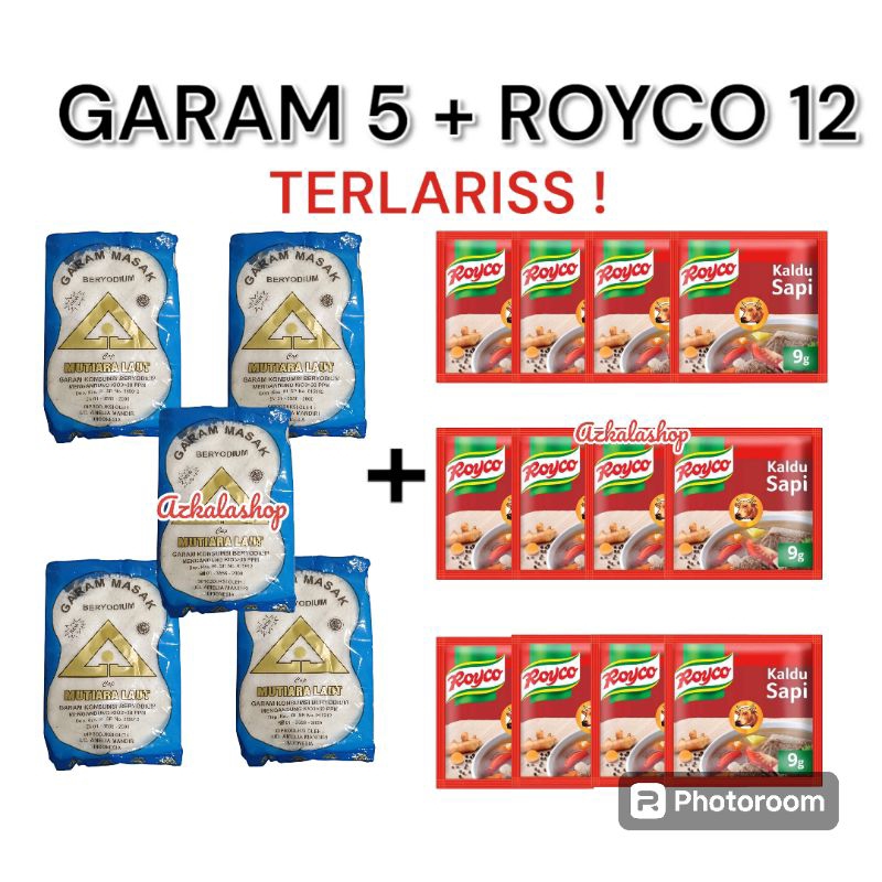 

Paket 5 bungkus garam+12 saset Royco kaldu penyedap rasa