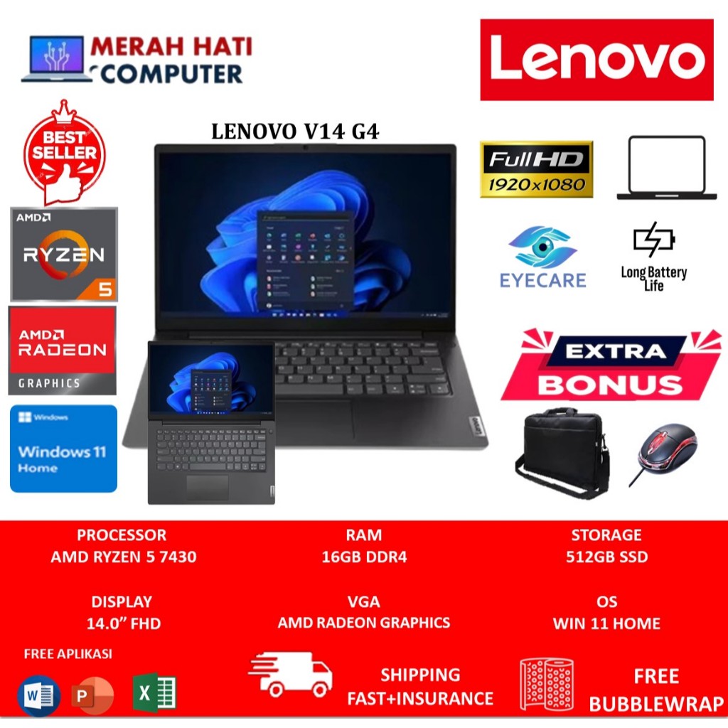Laptop Baru Lenovo V14 G4 Ryzen 5 7430U Ram 16GB RAM 512GB SSD FHD Win11Home OHS Iron Grey