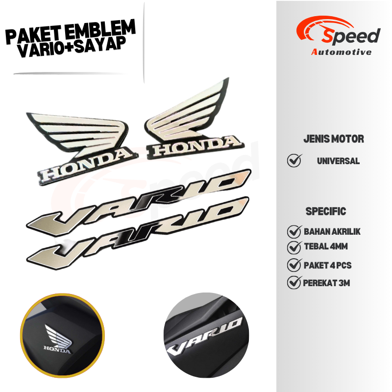 PAKET EMBLEM HONDA VARIO DAN WINGS TIMBUL 3D 1 PAKET ISI 4PCS AKRILIK MIRROR