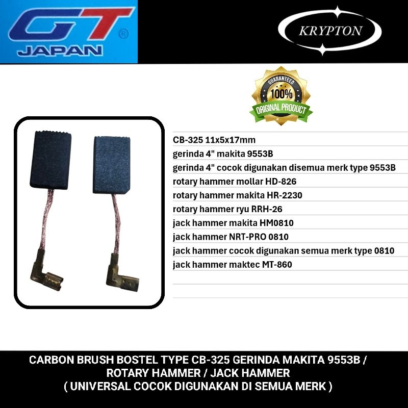 GT Japan CB-325 carbon brush bostel gerinda makita 9553B / rotary hammer  / Jack hammer ( universal 