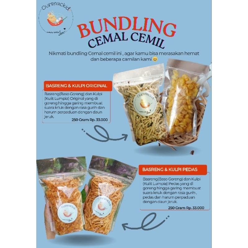 

BUNDLING CEMILAN BASRENG / KULPI / BASO GORENG / KULIT LUMPIA / KERIPIK / PEDAS / ORIGINAL 250GR LEBIH HEMAT