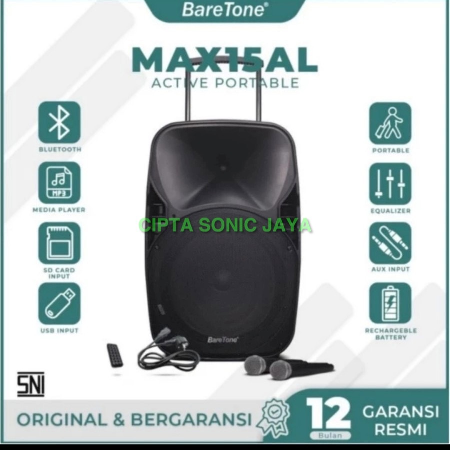 Portabel Speaker wireless 15 inch BareTone MAX 15 AL / MAX15AL / MAX 15AL bluetooth - ORIGINAL GARANSI RESMI