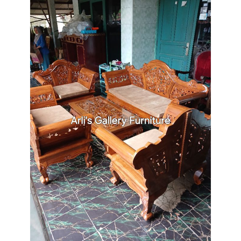 kursi tamu madura 3211 meja lengkap busa kaca kayu jati