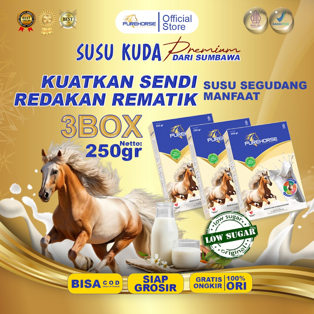 

Purehorse Susu Kuda Liar Asli Sumbawa Rendah Gula Kemasan 250gram paket 3 Box