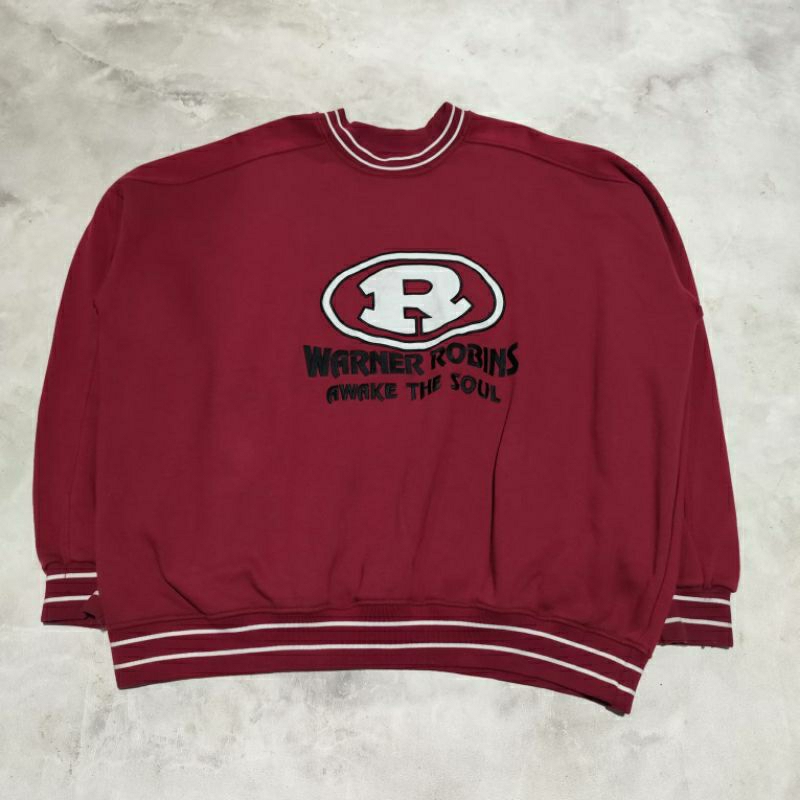 Sweater crewneck pria Warner Robins merah maroon xxl