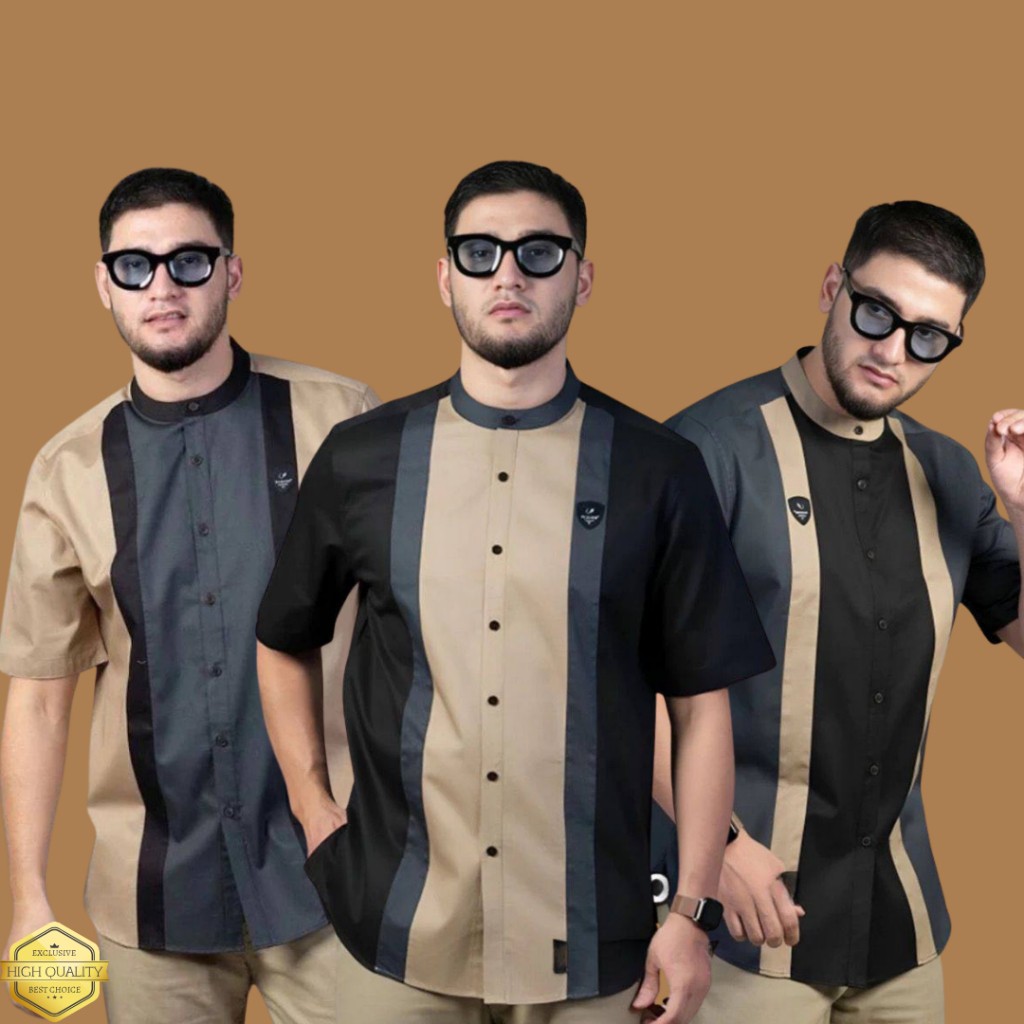 Baju Koko Muslim Pria Dewasa Lengan Pendek Kombinasi 3 Warna Kerah Sanghai Katun Toyobo Adem Terbaru
