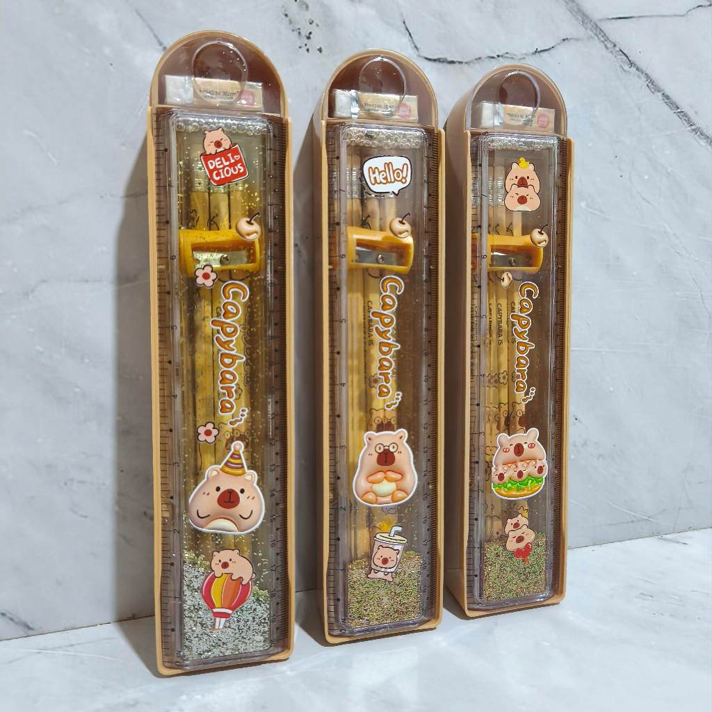 

Kotak Pensil Set Capybara Lucu Ruler Quicksand/ Pencil Set Hadiah Sekolah Anak Pensil Rautan Penghapus Penggaris