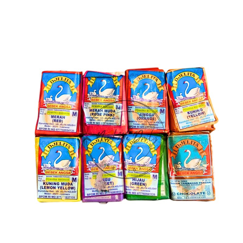 

GINCU BATANG CAP ANGSA | PEWARNA BUBUK DJELITA | PEWARNA MAKANAN CAP BEBEK ANGSA | Pewarna sate keripik minuman kue