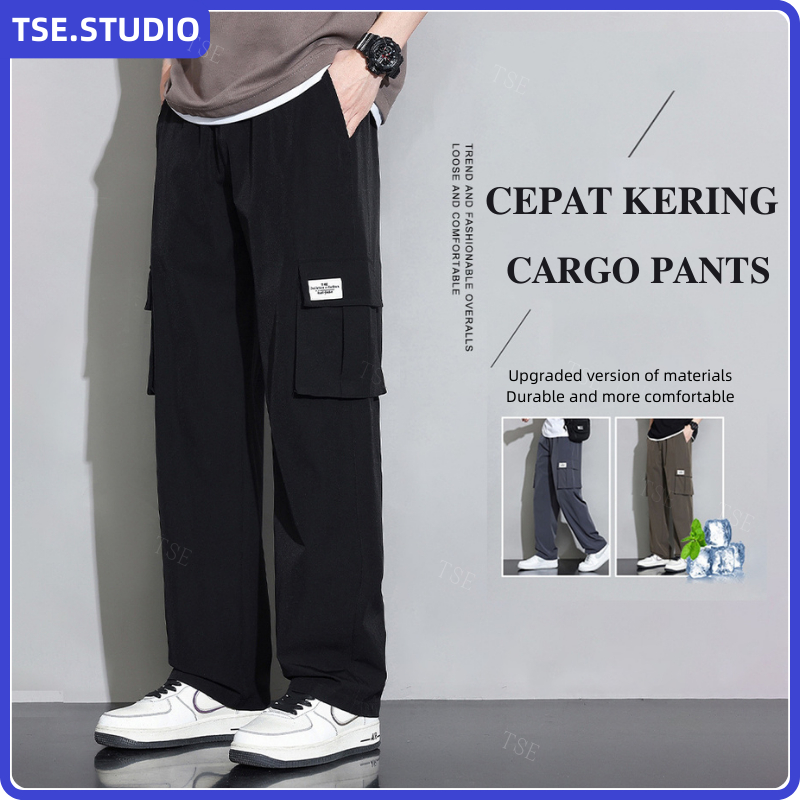 Celana Cargo Pria Panjang Korean Style Loose Pants Oversize Fashion Unisex Celana Training Black