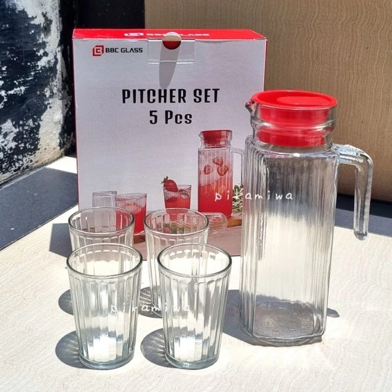 HM - Teko set Pitcher Teko Kaca Drink Set 5 in 1 Bahan Kaca Tebal Warna Merah