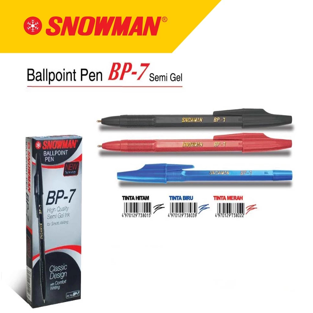 

(PACK) Snowman BP-7 Ballpen Semi Gel 0.6mm Fine / PULPEN / BALLPOINT / PEN SNOWMAN 0.7mm BP 7