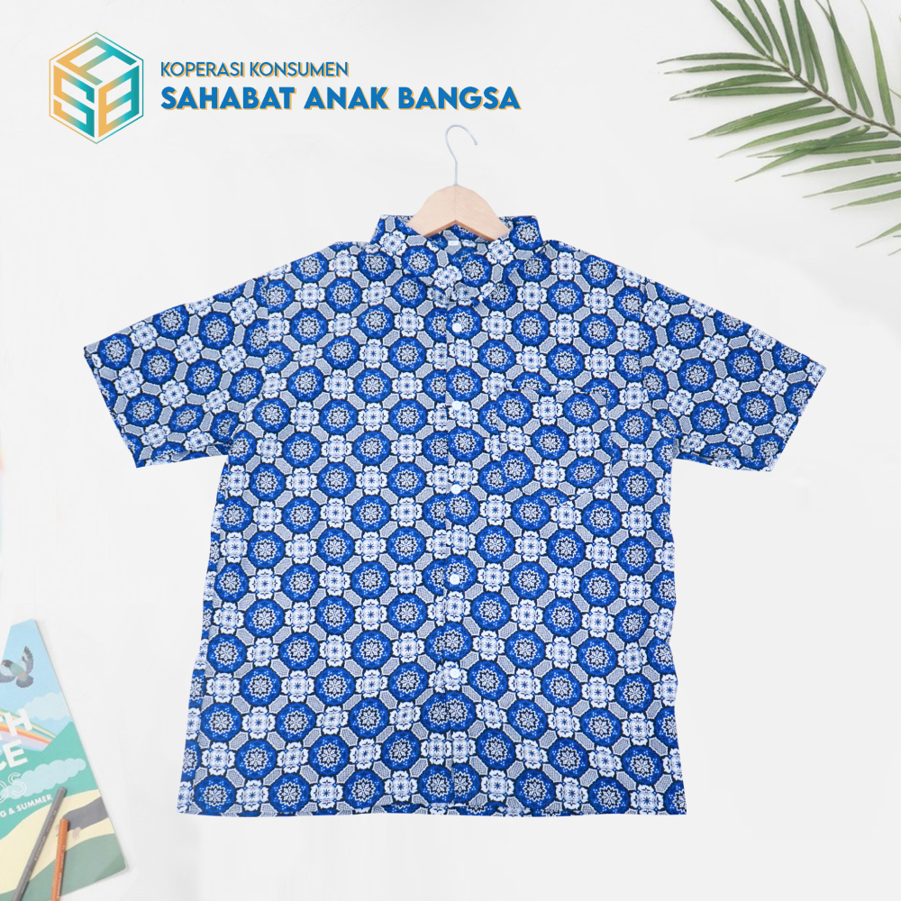 Baju Batik Seragam Sekolah SMP/SMA Motif Bunga Matahari Biru Lengan Pendek