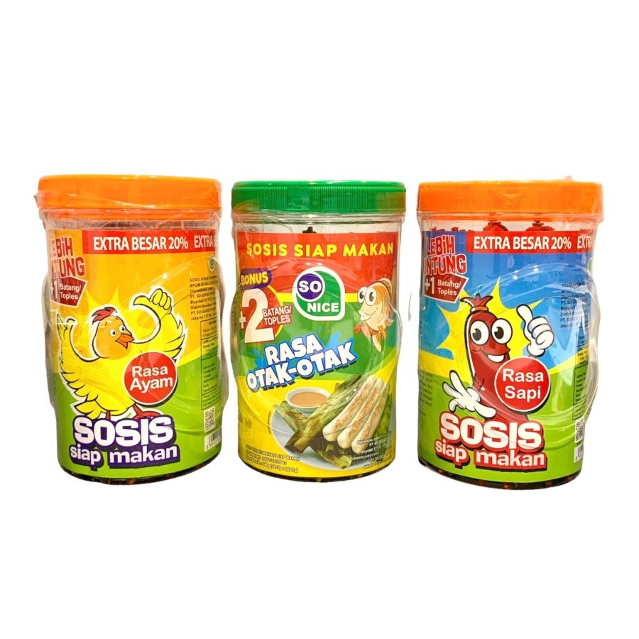 

Sosis So Nice Ayam / Otak - Otak / Sapi ( 24 + 2 Pcs @ 20 GR ) - Kemasan Toples