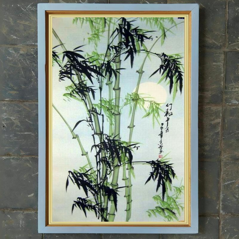 hiasan dinding lukisan cetak bambu cendrawasih plus bingkai ukuran 85*55