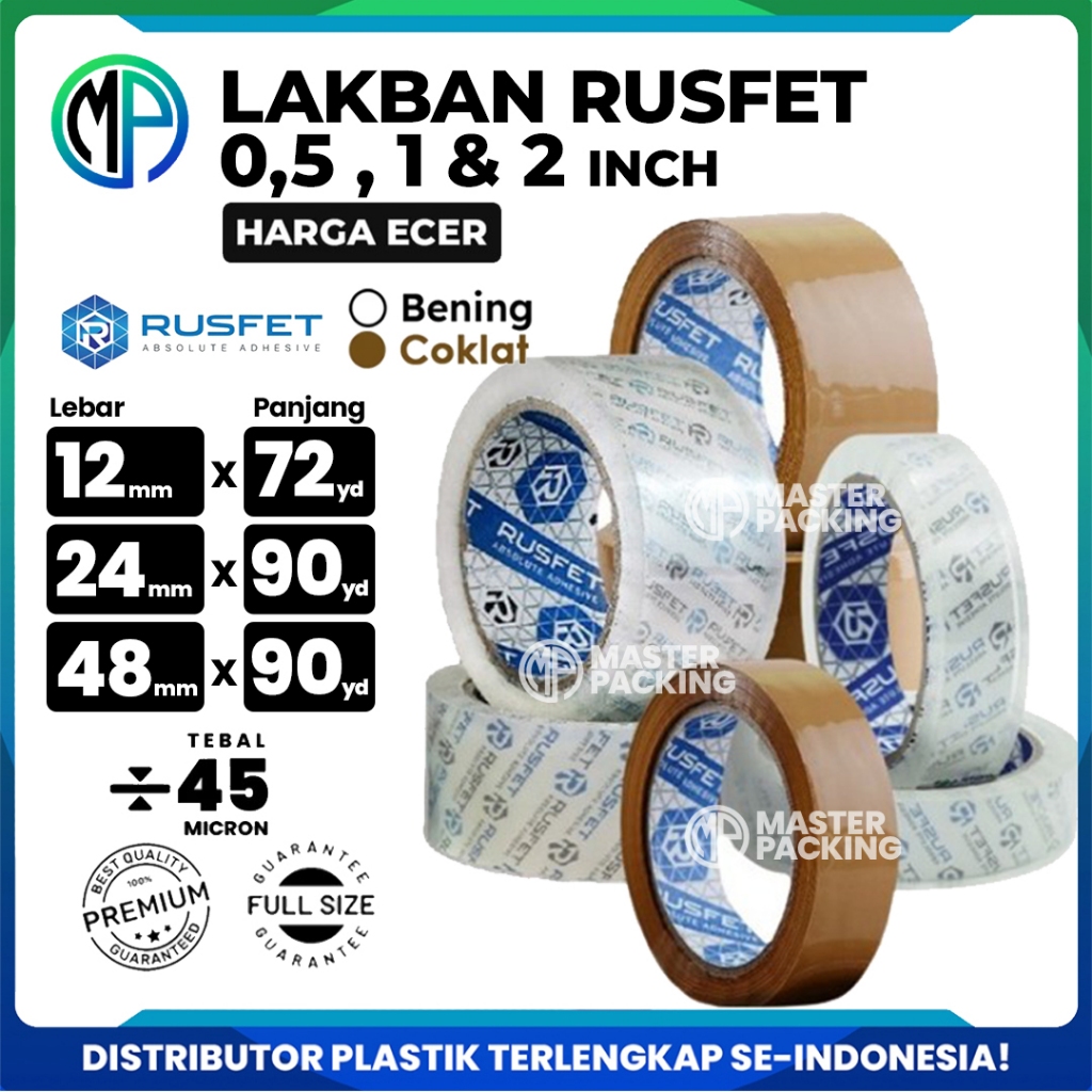 

Lakban Rusfet Spek. Daimaru Harga Ecer Satuan 0,5inch 1inch 2inch (12mm 24mm 48 mm) Bening & Coklat