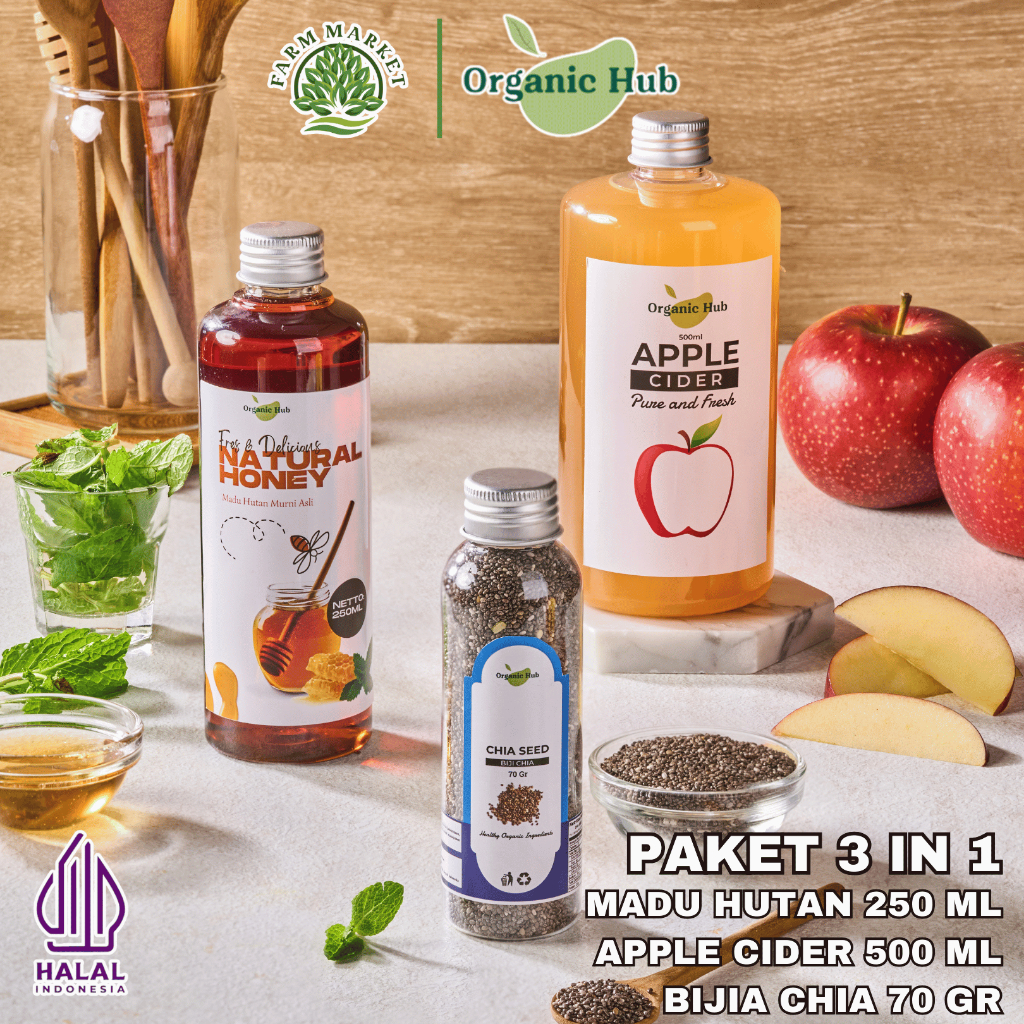 

Organic Hub Paket 3 in 1 Apple Cider With Mother Original Cuka Apel Murni Madu Hutan Chia Seed