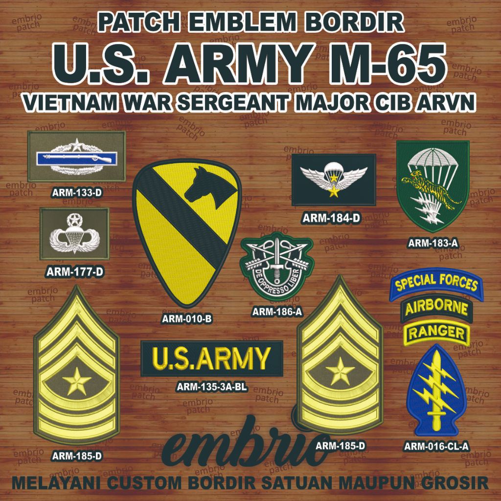 Patch Jaket U.S. ARMY M65 Vietnam War M-65 Sergeant Major CIB ARVN wwii Parachutist Special Tiger Fo
