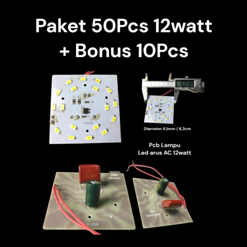 Pcb Lampu LED 12watt 50Pcs + 10Pcs Bonus
