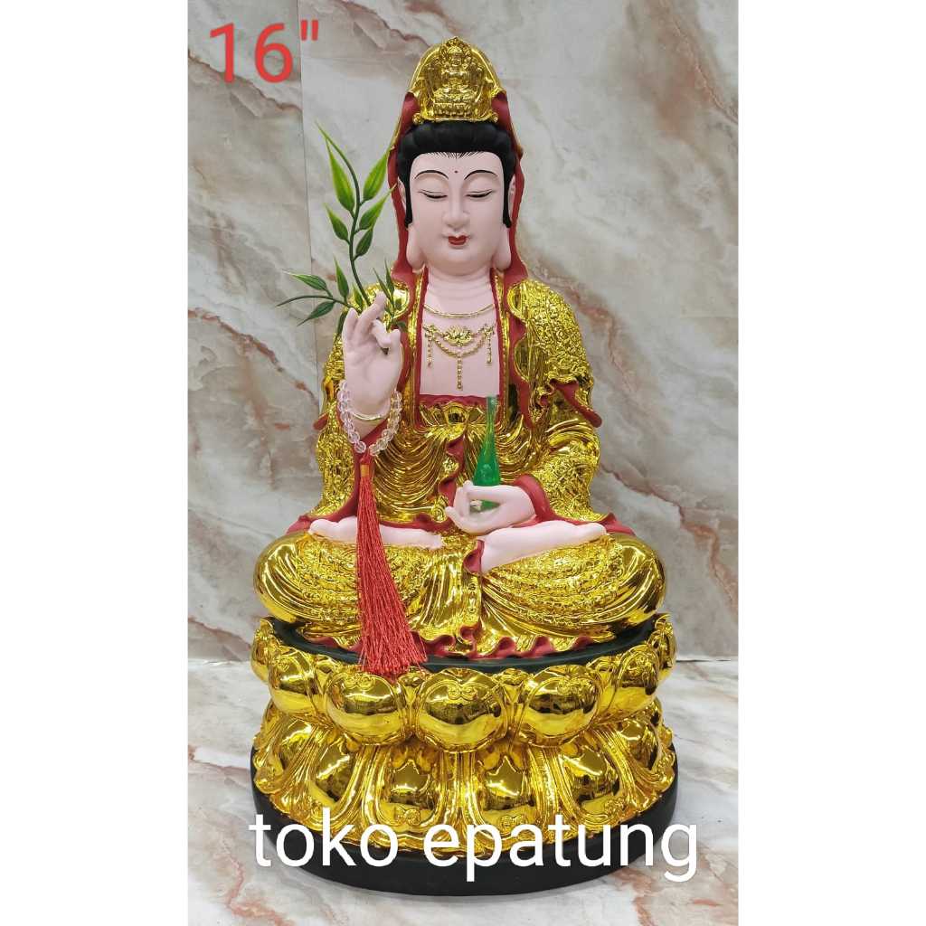 patung dewi kwan im / kwan in / guan yin - 16 inch - fiber - emas - 25