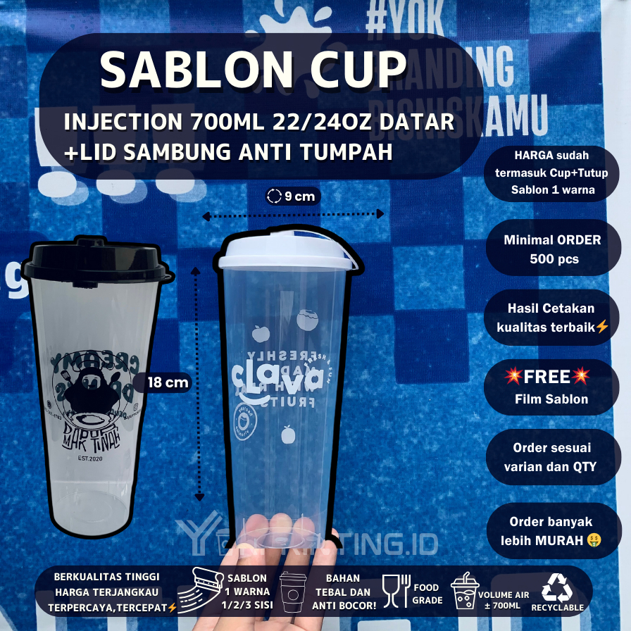 Sablon cup Injection 700ml / 22oz Custom Cup/Gelas Injection Tebal Anti tumpah 1 Warna