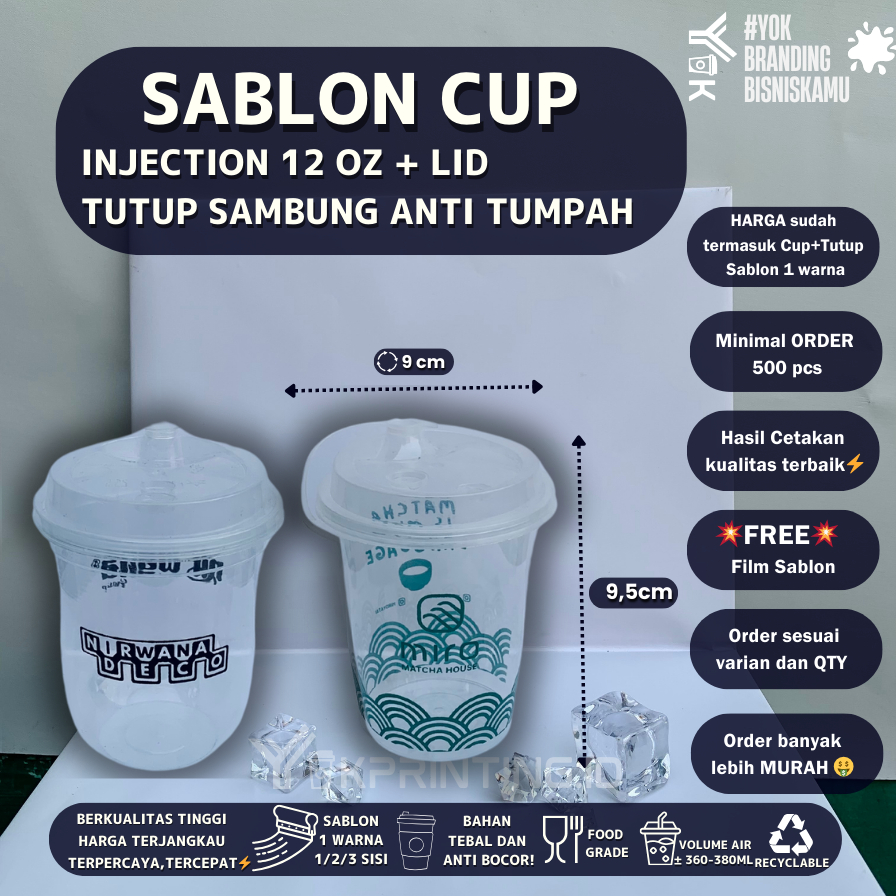 Sablon cup Injection 12 oz 360-380ml Custom Cup/Gelas Injection Tebal Anti tumpah 1 Warna