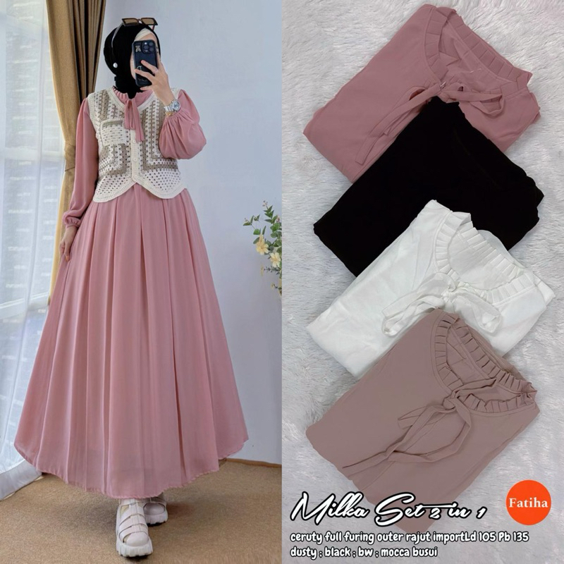 Milka Set 2in1 // One Set Outer Rajut dan Inner Dress Polos