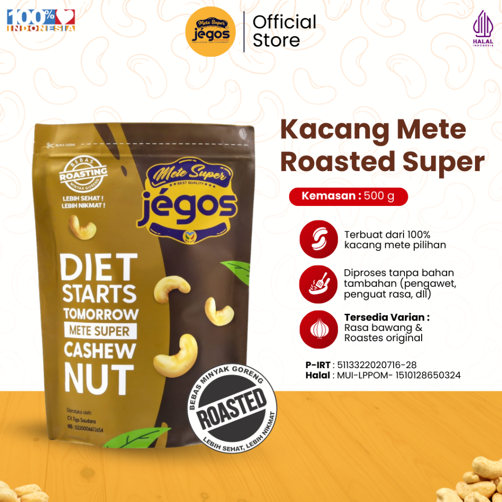 

Kacang Mete Roasted Super Utuh Rasa Original Kualitas Mede Premium Kemasan 500gr Jegos